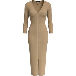Venus‎ Gold Metallic Ribbed Knit Full Zip Midi Sweater Dress Womens Small S